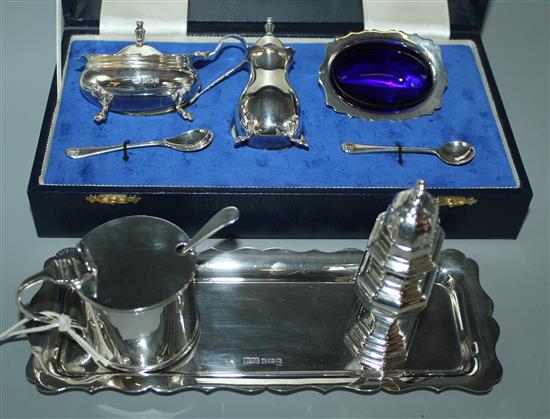 Modern silver four piece cruet set, a mustard and a silver topped cut glass castor with pepper